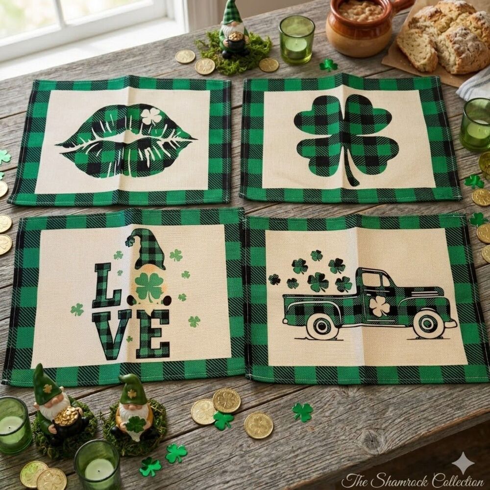 SharkBliss 4 PK St Patty's Day Decor Burlap Fabric Placemats